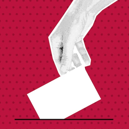 A womans hand puts down a blank white sheet of paper, ballot. Halftone collage banner in retro pop art style. Poster for voting in elections. Trendy vintage vector illustration