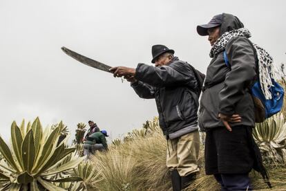 Hugo Quelal blande su machete junto a Estela Paspuezán durante un recorrido por el páramo. La guardia ambiental de La Libertad desafía cada mañana al viento helado y al sol inclemente del páramo para defender su territorio frente a los peligros que lo acechan.