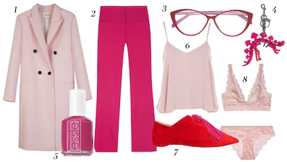 1. Claudie Pierlot Abrigo masculino rosa palo 2. Uterqüe Pantalones con bolsillos 3. Emilio Pucci Gafas de lectura combinadas 4. Coach Llavero dinosaurio 5. Essie Laca de uñas 6. Topshop Top de tirantes finos 7. Christian Louboutin Zapatos tipo babucha 8. Oysho Conjunto de lencería.