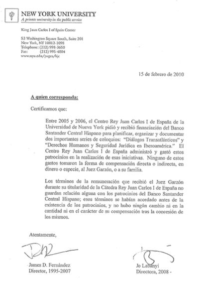 Texto íntegro de la nota de la Universidad de Nueva York sobre los cursos de Garzón.