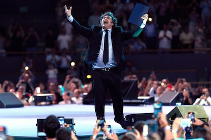 Javier Milei, durante su intervención en el Madrid Economic Forum celebrado este domingo.