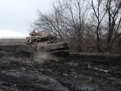 Ukrainian soldiers from the 47th Mechanized Brigade drive an M2 Bradley infantry fighting vehicle in the direction of Avdiivka on February 23, 2024 in Donetsk Oblast, Ukraine.
