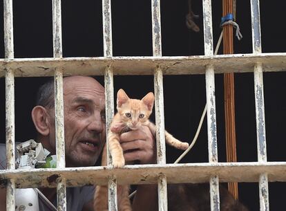 Un prisionero sostiene un gato mientras mira a través de las rejas de su celda, en la cárcel Lukyanivska de Kiev, durante el día abierto a la prensa organizado por el Ministerio de Justicia de Ukrania.