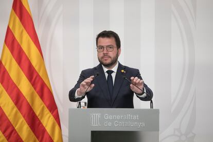 Pere Aragonès, presidente de la Generalitat, en un momento de la rueda de prensa.