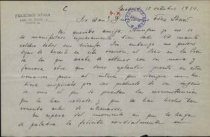 Carta de Ayala a sus 18 años al autor teatral Guillermo Fernández-Shaw (1924).