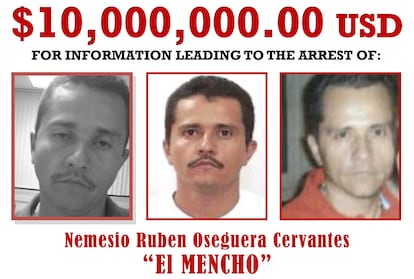 Reward poster for Nemesio Oseguera, alias 'El Mencho'.