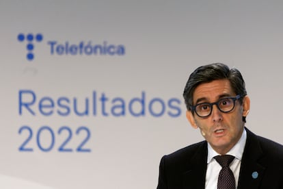 El presidente de Telefónica, José María Alvarez-Pallete, en la presentación de resultados anuales de la compañía este jueves en Madrid.