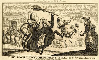 Un aristócrata inglés, jaleado por un obispo, patea a una mujer embarazada de padre desconocido. El grabado está datado en 1834.