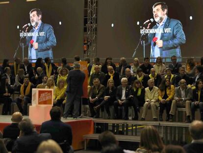 El número dos de Junts per Catalunya, Jordi Sànchez, interviene en una grabación de audio en el acto central de campaña de Junts per Catalunya.