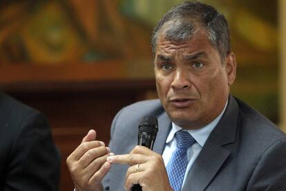 El expresidente Rafael Correa durante una comparecencia en 2018.