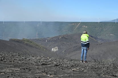 Una zona afectada por el incendio forestal en las cercanías de la localidad de Brañuelas, en el municipio leonés de Villagatón, este martes.