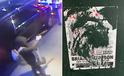 Momento del asesinato de Brian Thompson y carteles de "se busca" colocados en las calles de Manhattan.