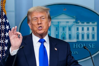 Trump, este viernes, durante su conferencia de prensa en la Casa Blanca, tras conocerse el fallo del Supremo.
