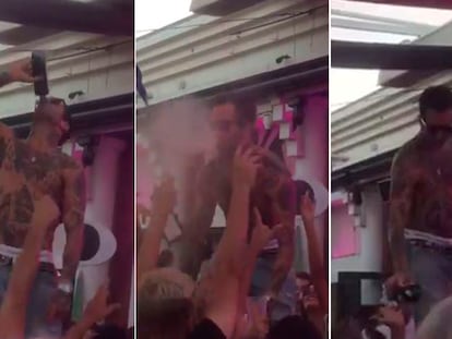 Un DJ de una discoteca de Torremolinos (Málaga) escupe alcohol durante una fiesta.