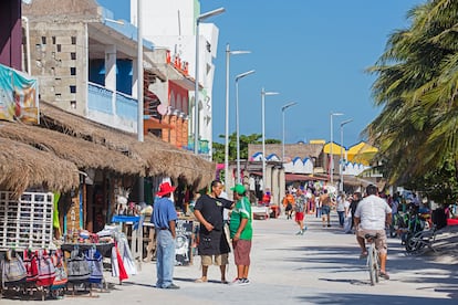 Shops in one of the streets of the coastal town of Mahahual (Mexico).