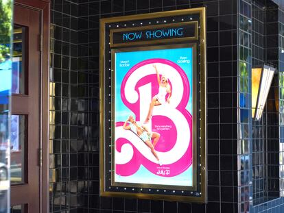 A sign advertises the movie 'Barbie' at the Los Feliz theater in Los Angeles, California.