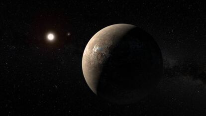 Impresi&oacute;n art&iacute;stica de Pr&oacute;xima Centauri b junto con el sistema binario Alfa Centauri.