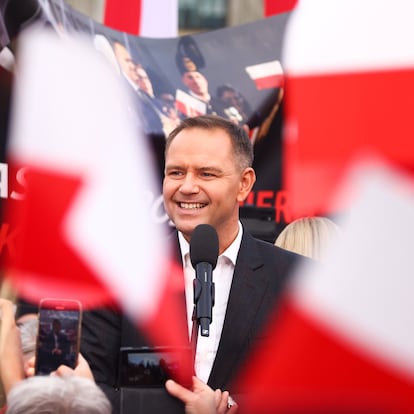 Karol Nawrocki, presidential candidate supported by the Law and Justice party, attends a campaign rally on May 29, 2025 in Katowice, Poland. Second round of presidential elections in Poland will take place on June 1st. Nawrocki will compete with Rafal Trzaskowski, pro-European ruling party's candidate.  (Photo by Beata Zawrzel/NurPhoto via Getty Images)