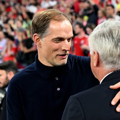 Soccer Football - Champions League - Semi Final - First Leg - Bayern Munich v Real Madrid - Allianz Arena, Munich, Germany - April 30, 2024 Bayern Munich coach Thomas Tuchel and Real Madrid coach Carlo Ancelotti before the match REUTERS/Angelika Warmuth