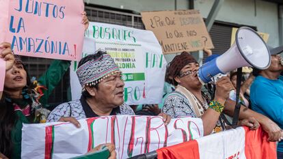 Julio Cusurichi y Jhomar Maynas en una protesta contra Ley Antiforestal en Lima (Perú), el 6 de marzo.