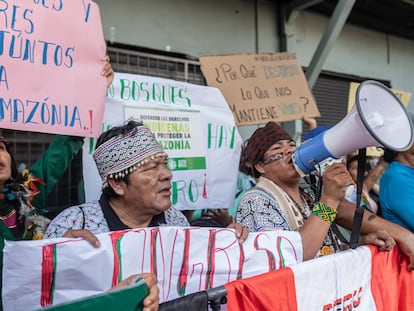 Julio Cusurichi y Jhomar Maynas en una protesta contra Ley Antiforestal en Lima (Perú), el 6 de marzo.