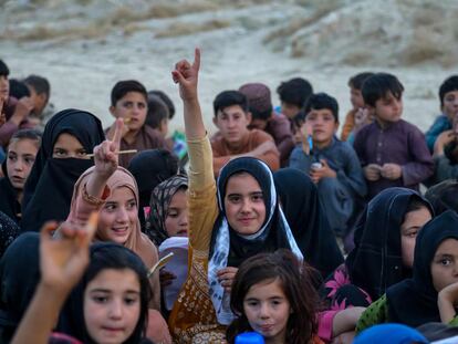 Afghan girls during an outdoor class on the outskirts of Kabul, October 4, 2023.
