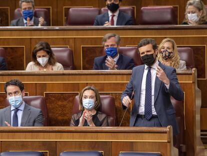 El líder del PP, Pablo Casado, interviene durante una sesión plenaria en el Congreso de los Diputados, Madrid, (España), el pasado 24 de marzo.
