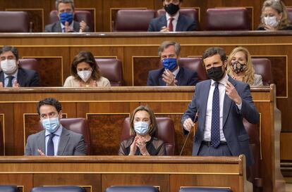 El líder del PP, Pablo Casado, interviene durante una sesión plenaria en el Congreso de los Diputados, Madrid, (España), el pasado 24 de marzo.