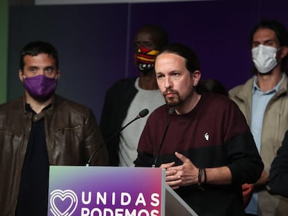 Pablo Iglesias, candidato de Podemos, durante su comparecencia tras conocer los resultados electorales.