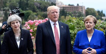 La premier brit&aacute;nica, Theresa May, el presidente de EE UU, Donald Trump, y la canciller alemana, Angela Merkel.