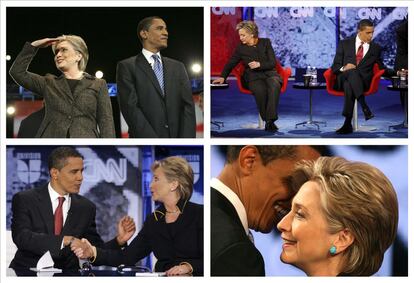 Cuatro imágenes ilustran las más de 40 horas de discusión en 20 debates diferentes que mantuvieron Hillary Clinton y Barack Obama para conseguir la nominación presidencial por el Partido Demócrata de EE UU en 2008. Hubo momentos de tensión, pero se mantuvo la cordialidad entre ambos.