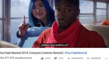 Fotograma de Rewind 2018 donde se refleja, en la parte inferior, los 15 millones de 'No me gusta' que ha cosechado.