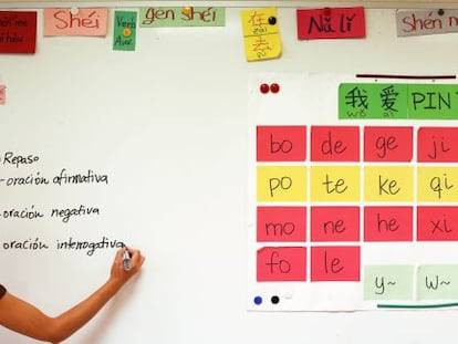 Clase de chino en la academia de idiomas Bunkyo, en Madrid.