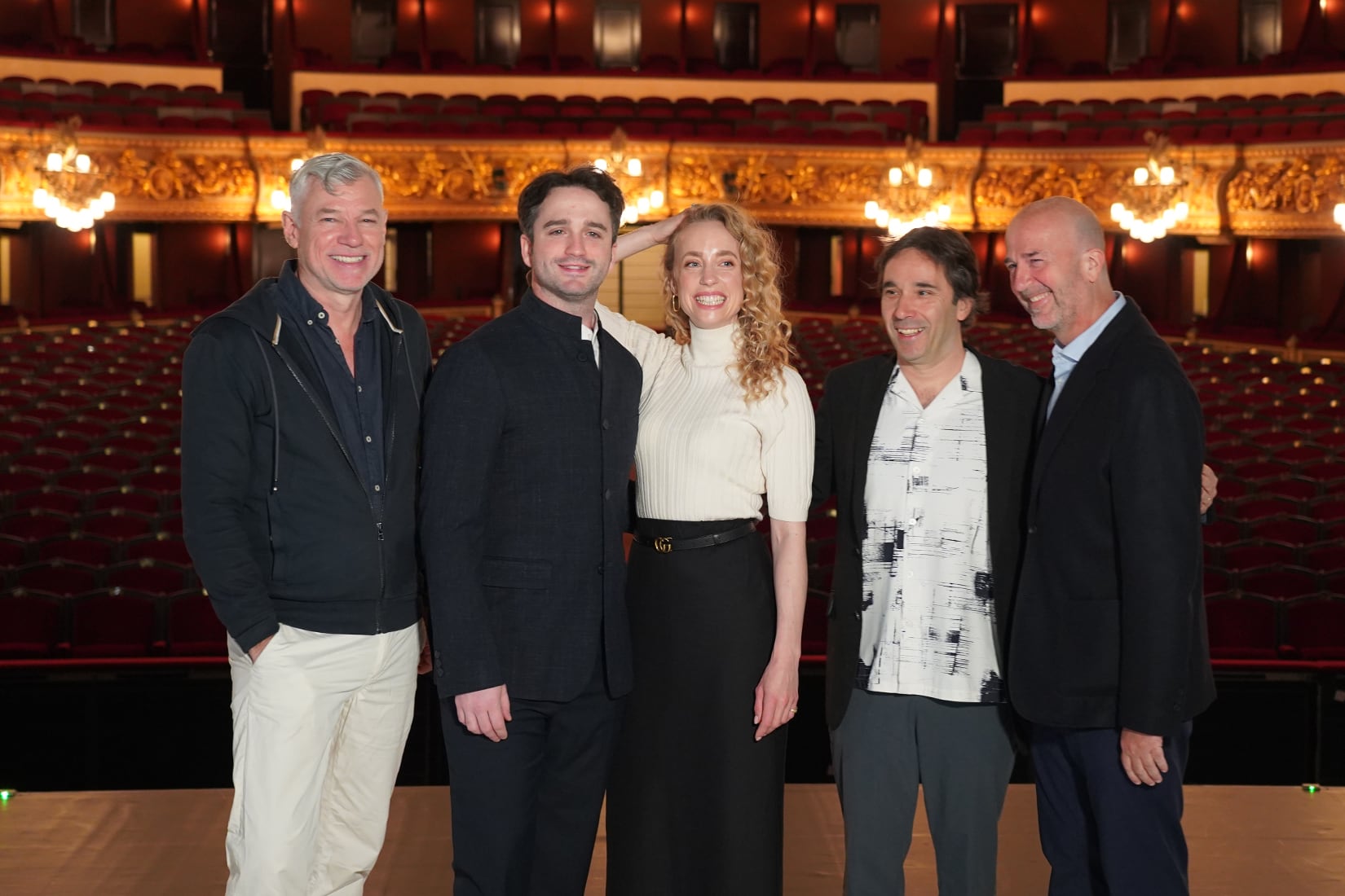 De izquierda a derecha, Christof Loy, Xabier Anduaga, Kristine Stanek, Henrik Nánási y Víctor García del Moral. / DAVID RUANO (Liceu).