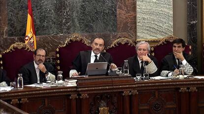 El presidente del tribunal del 'procés', Manuel Marchena, durante la sesión del juicio del 'procés' este martes en el Tribunal Supremo.