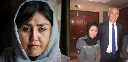 Razia Hakimi, retratada estos días en Islamabad y, a la derecha, en 2018 en Kabul, junto al secretario general de la OTAN, Jens Stoltenberg.