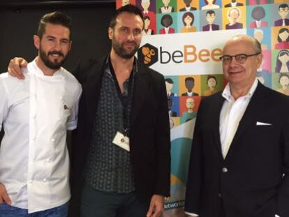 El ex concursante de Top Chef, Javier Peña; el director general de beBee, Javier Cámara, y el inversor Eduardo Díez-Hochleitner.