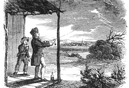 Grabado de Benjamin Franklin realizando el experimento de la cometa.