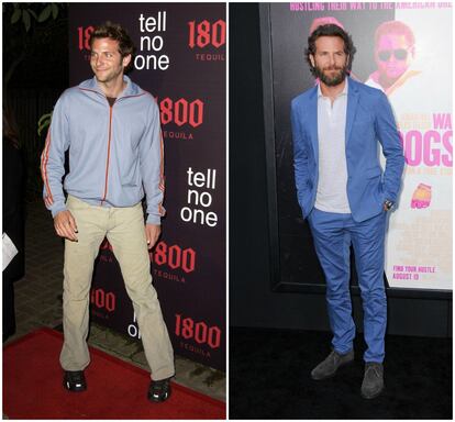 Bradley Cooper, en una alfombra roja en 2002. A la derecha, el actor en el estreno de 'Juego de armas' el pasado verano.