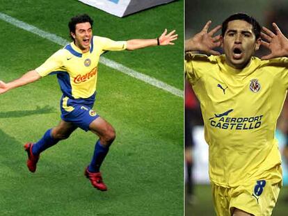 El Piojo celebra un gol con el América mexicano (izquierda), y Riquelme con el Villarreal.