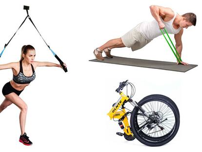 Las correas TRX, las cintas elásticas y las bicicletas plegables son artículos deportivos que se pueden llevar de viaje.