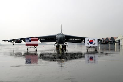 A handout photo made available by South Korea's Defense Ministry shows a B-52H strategic bomber parked at a South Korean Air Force base at Cheongju Airport.