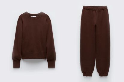 Sudadera con cuello redondo (25,95 €) y pantalón jogger de pata ancha (25,95 €) de Zara.