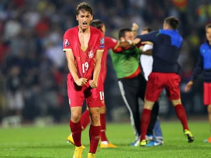 El jugador serbio Filip Djuricic se lamenta mientras, al fondo, jugadores de Serbia y Albania se pelean.  