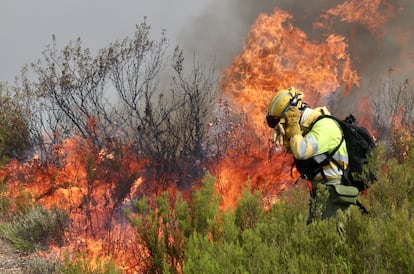 Un brigadista se retira el casco ante una lengua de fuego del incendio forestal que afecta a Puercas (Zamora), en la Sierra de la Culebra, este martes. 
