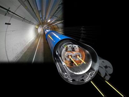 Ilustración del interior de uno de los grandes imanes del acelerador LHC en el túnel en que está instalado.