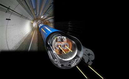 Ilustración del interior de uno de los grandes imanes del acelerador LHC en el túnel en que está instalado.