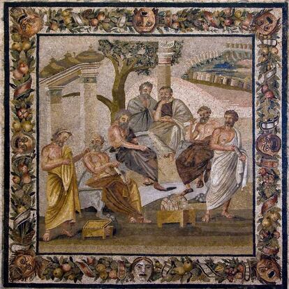 Imatge de l'acadèmia de Plató en el mosaic de Torre Annunziata, a Pompeia.
