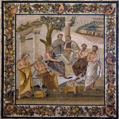 Imatge de l'acadèmia de Plató en el mosaic de Torre Annunziata, a Pompeia.