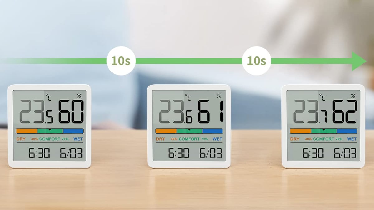 Este termómetro higrómetro actualiza sus valores cada diez segundos y de forma automática.